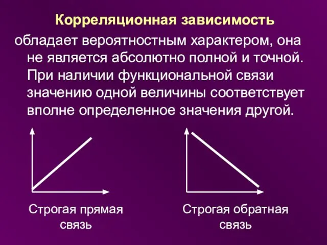 Корреляционная зависимость обладает вероятностным характером, она не является абсолютно полной и