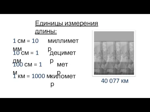 Единицы измерения длины: миллиметр дециметр метр километр 1 см = 10
