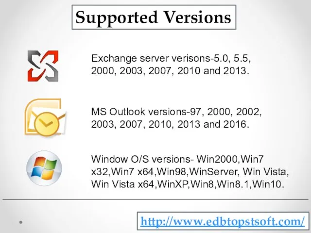 Supported Versions Exchange server verisons-5.0, 5.5, 2000, 2003, 2007, 2010 and