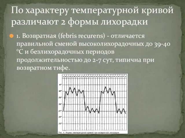 1. Возвратная (febris recurens) - отличается правильной сменой высоколихорадочных до 39-40