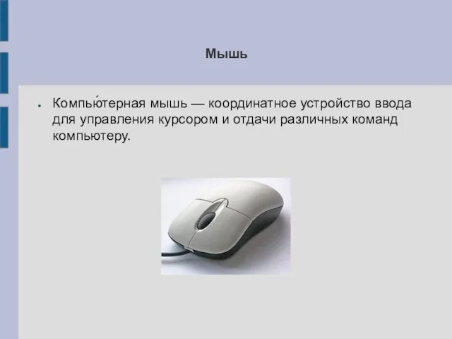 Мышь Компью́терная мышь — координатное устройство ввода для управления курсором и отдачи различных команд компьютеру.