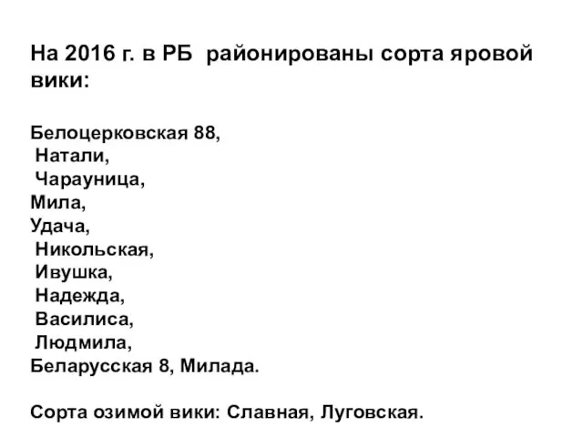 На 2016 г. в РБ районированы сорта яровой вики: Белоцерковская 88,