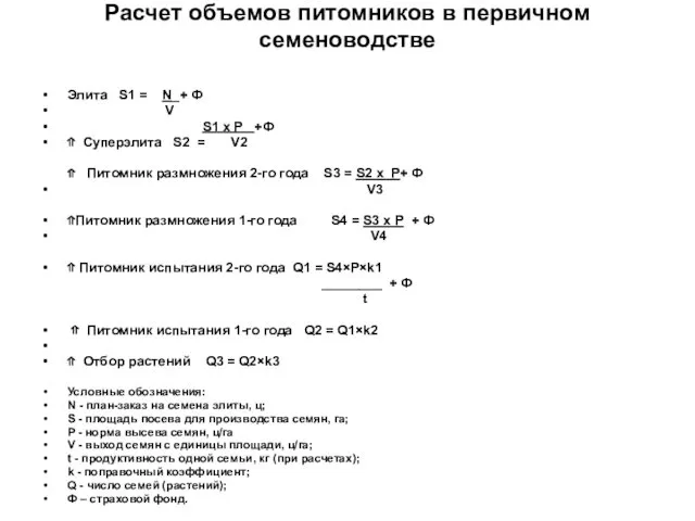 Расчет объемов питомников в первичном семеноводстве Элита S1 = N_+ Ф