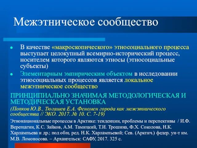 Межэтническое сообщество В качестве «макроскопического» этносоциального процесса выступает целокупный всемирно-исторический процесс,