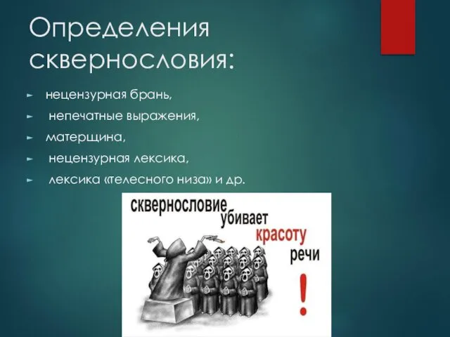 Определения сквернословия: нецензурная брань, непечатные выражения, матерщина, нецензурная лексика, лексика «телесного низа» и др.