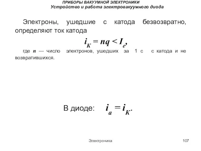 Электроника ПРИБОРЫ ВАКУУМНОЙ ЭЛЕКТРОНИКИ Устройство и работа электровакуумного диода Электроны, ушедшие