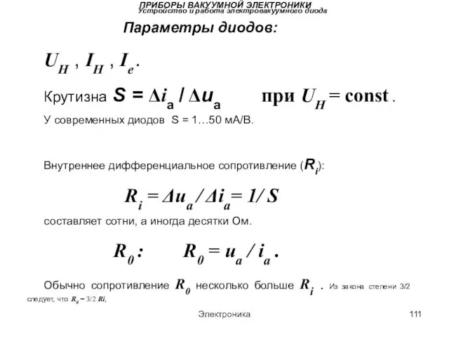 Электроника ПРИБОРЫ ВАКУУМНОЙ ЭЛЕКТРОНИКИ Устройство и работа электровакуумного диода Параметры диодов: