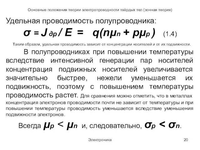 Электроника Основные положения теории электропроводности твёрдых тел (зонная теория) Удельная проводимость