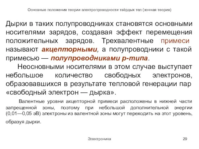 Электроника Основные положения теории электропроводности твёрдых тел (зонная теория) Дырки в