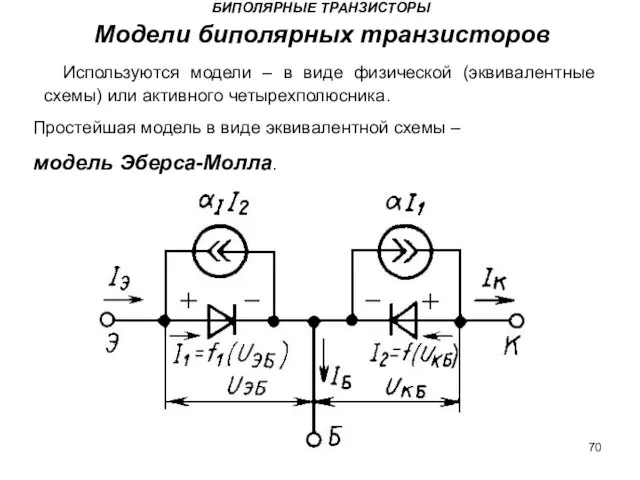 БИПОЛЯРНЫЕ ТРАНЗИСТОРЫ Модели биполярных транзисторов Используются модели – в виде физической