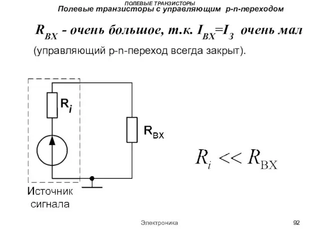 Электроника ПОЛЕВЫЕ ТРАНЗИСТОРЫ Полевые транзисторы с управляющим p-n-переходом RВХ - очень