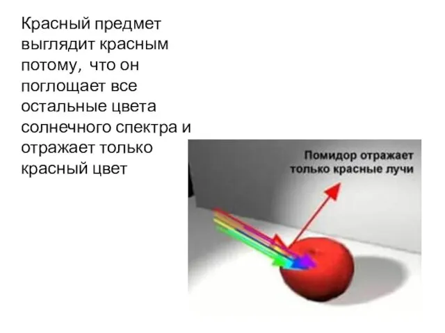 Красный предмет выглядит красным потому, что он поглощает все остальные цвета