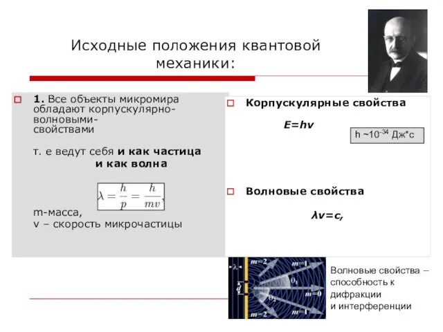 Исходные положения квантовой механики: 1. Все объекты микромира обладают корпускулярно-волновыми-свойствамиорпускулярно-волновой двойственностью,