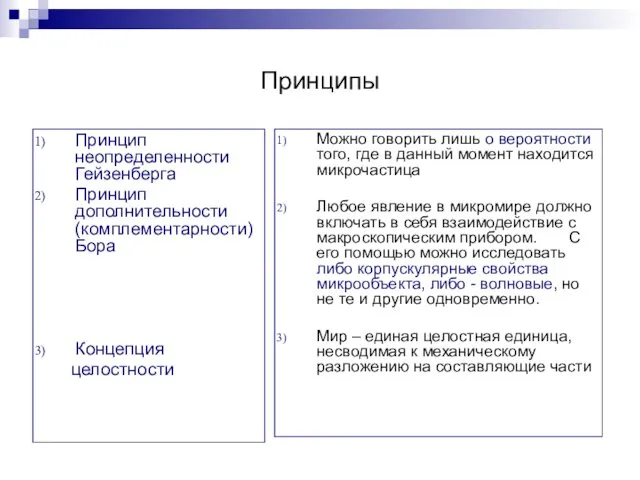 Принципы Принцип неопределенности Гейзенберга Принцип дополнительности (комплементарности) Бора Концепция целостности Можно