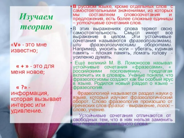 Изучаем теорию В русском языке, кроме отдельных слов с самостоятельными значениями,