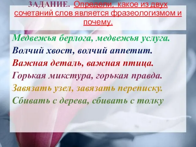 3АДАНИЕ. Определи, какое из двух сочетаний слов является фразеологизмом и почему.