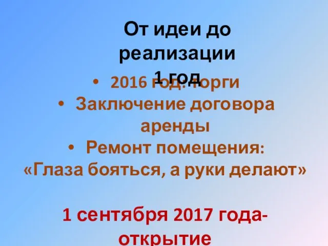 2016 год: торги Заключение договора аренды Ремонт помещения: «Глаза бояться, а