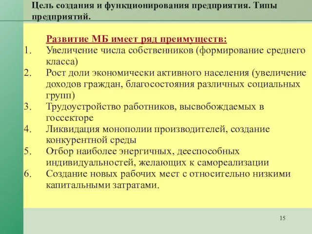 Цель создания и функционирования предприятия. Типы предприятий. Развитие МБ имеет ряд