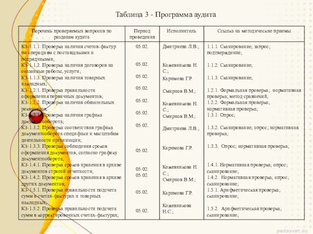 Таблица 3 - Программа аудита