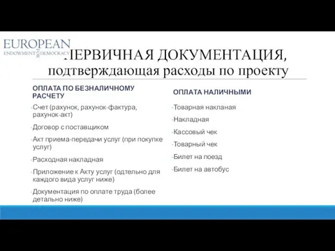 ПЕРВИЧНАЯ ДОКУМЕНТАЦИЯ, подтверждающая расходы по проекту ОПЛАТА ПО БЕЗНАЛИЧНОМУ РАСЧЕТУ Счет