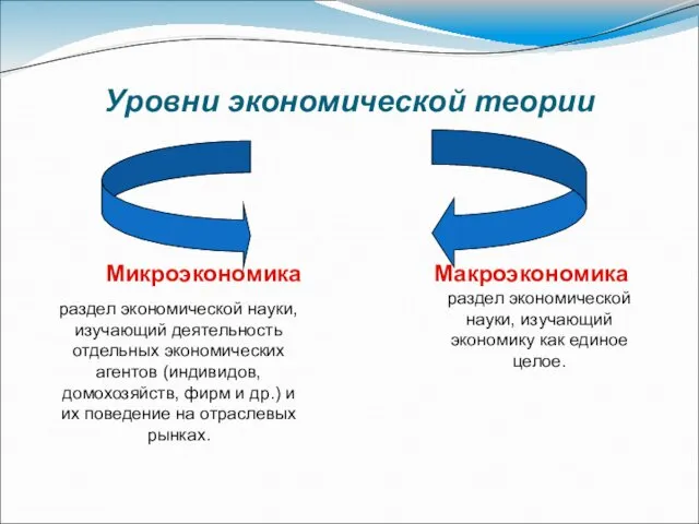 Уровни экономической теории Микроэкономика Макроэкономика раздел экономической науки, изучающий деятельность отдельных