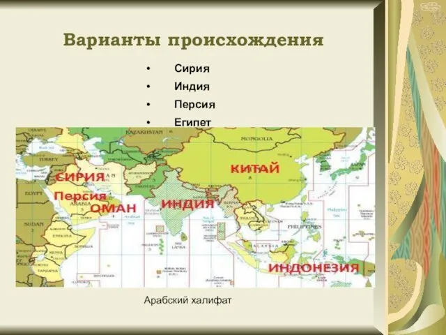 Варианты происхождения Сирия Индия Персия Египет Арабский халифат