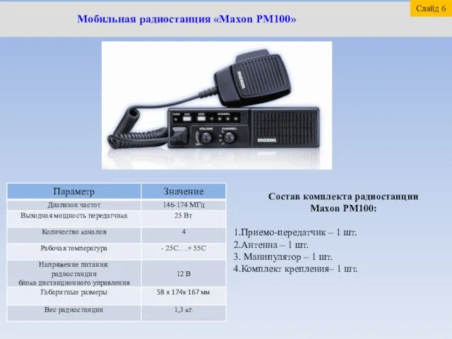 Мобильная радиостанция «Maxon PM100» Состав комплекта радиостанции Maxon PM100: Приемо-передатчик –