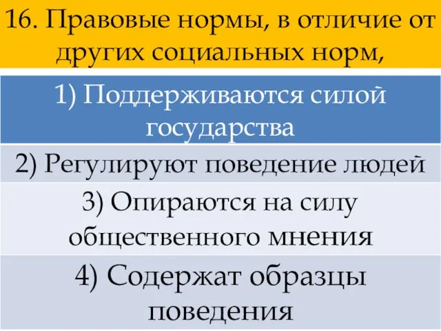 16. Правовые нормы, в отличие от других социальных норм,