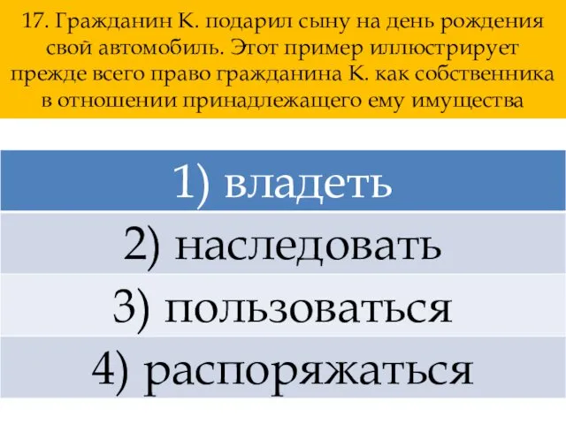 17. Гражданин К. подарил сыну на день рождения свой автомобиль. Этот