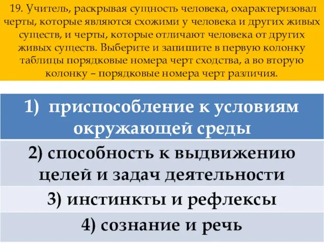 19. Учитель, раскрывая сущность человека, охарактеризовал черты, которые являются схожими у