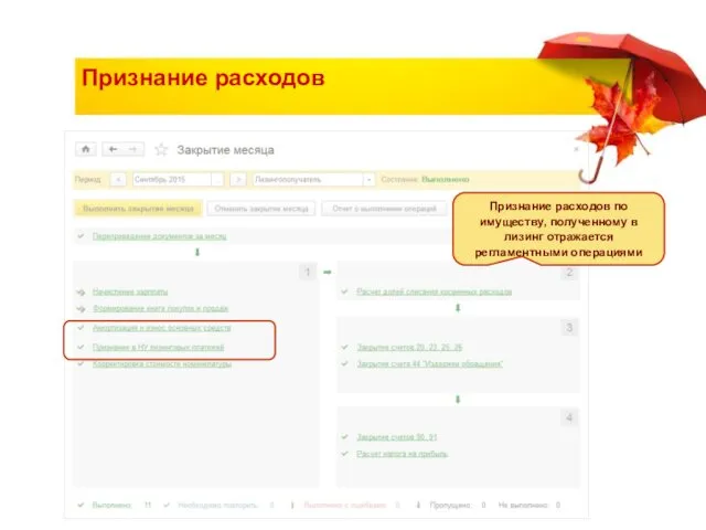 Признание расходов Признание расходов по имуществу, полученному в лизинг отражается регламентными операциями