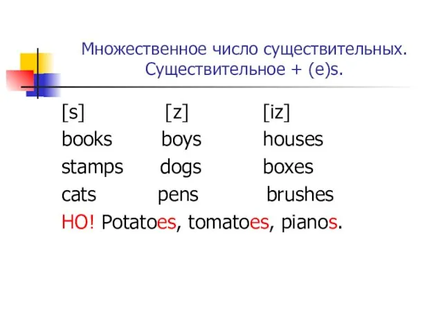 Множественное число существительных. Существительное + (e)s. [s] [z] [iz] books boys