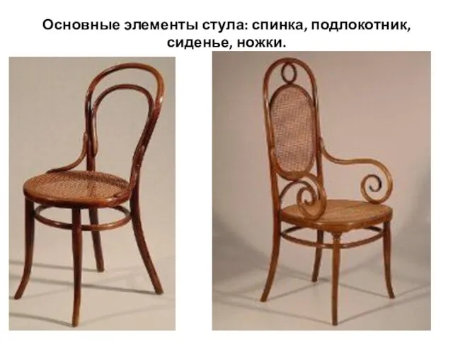 Основные элементы стула: спинка, подлокотник, сиденье, ножки.