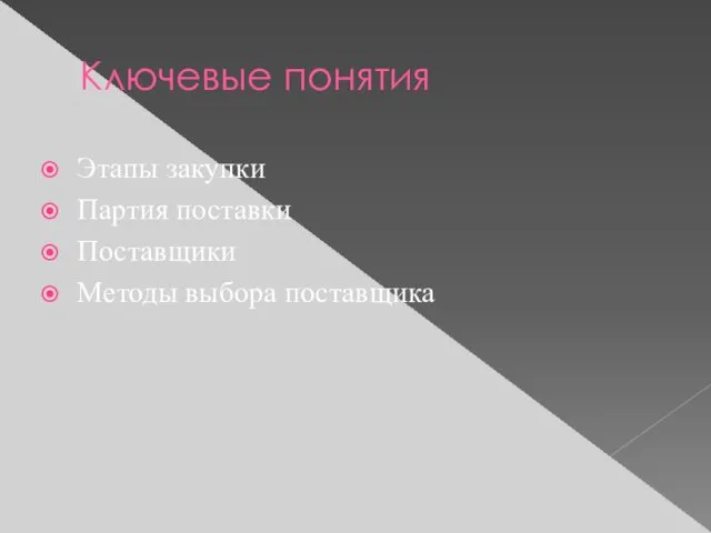 Ключевые понятия Этапы закупки Партия поставки Поставщики Методы выбора поставщика