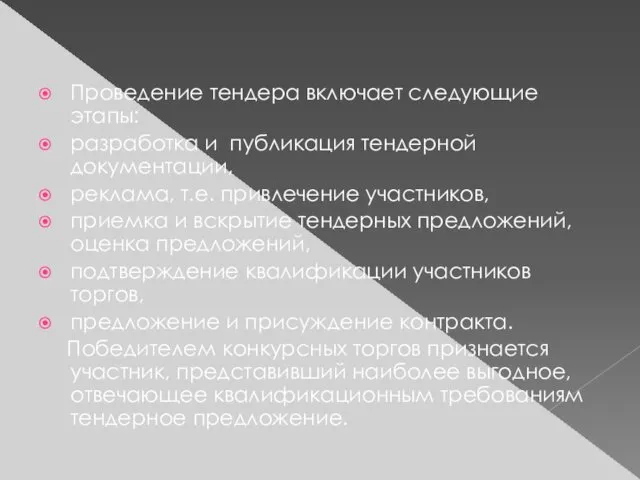 Проведение тендера включает следующие этапы: разработка и публикация тендерной документации, реклама,