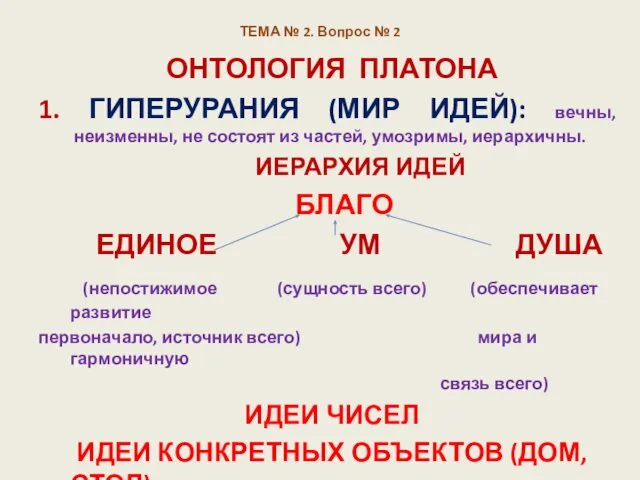 ТЕМА № 2. Вопрос № 2 ОНТОЛОГИЯ ПЛАТОНА 1. ГИПЕРУРАНИЯ (МИР