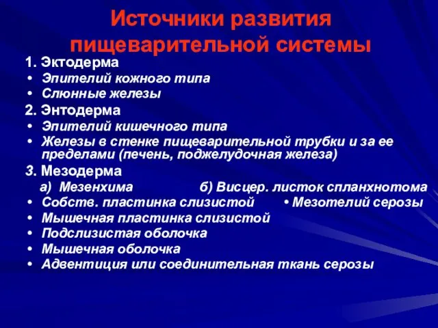 Источники развития пищеварительной системы 1. Эктодерма Эпителий кожного типа Слюнные железы