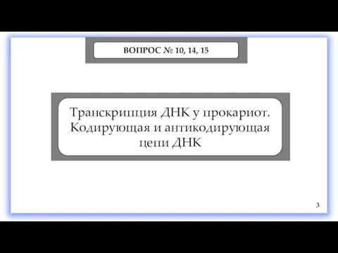 Транскрипция ДНК у прокариот. Кодирующая и антикодирующая цепи ДНК ВОПРОС № 10, 14, 15 3