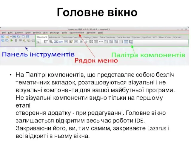 Головне вікно На Палітрі компонентів, що представляє собою безліч тематичних вкладок,