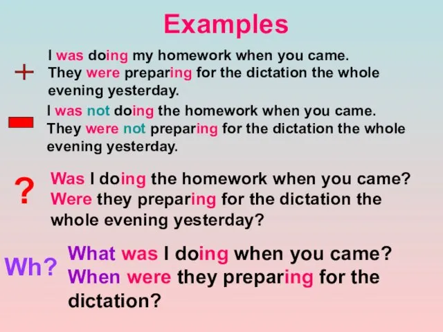 Examples ? Wh? I was doing my homework when you came.