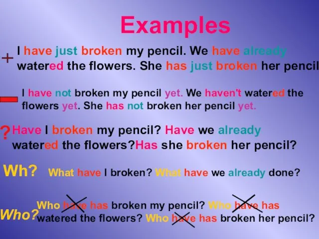 Examples ? Wh? Who? I have just broken my pencil. We