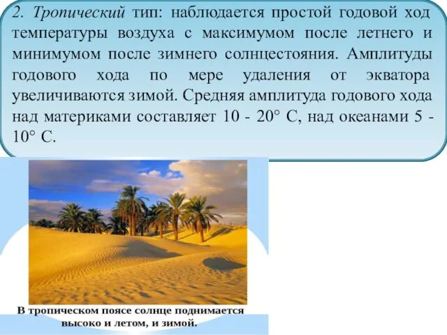 2. Тропический тип: наблюдается простой годовой ход температуры воздуха с максимумом