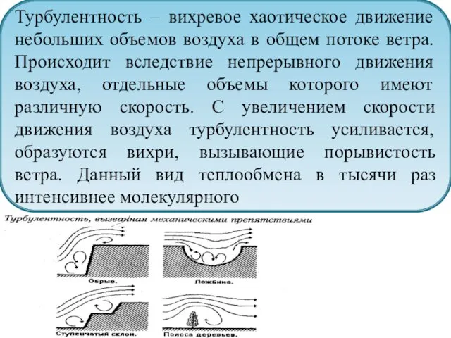 Турбулентность – вихревое хаотическое движение небольших объемов воздуха в общем потоке