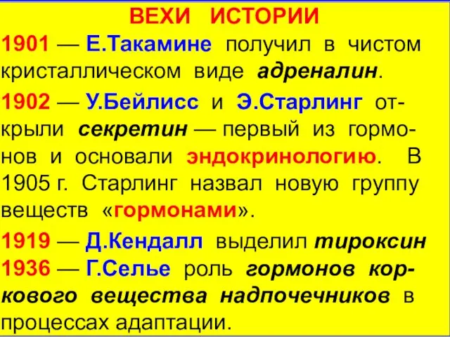 ВЕХИ ИСТОРИИ 1901 — Е.Такамине получил в чистом кристаллическом виде адреналин.