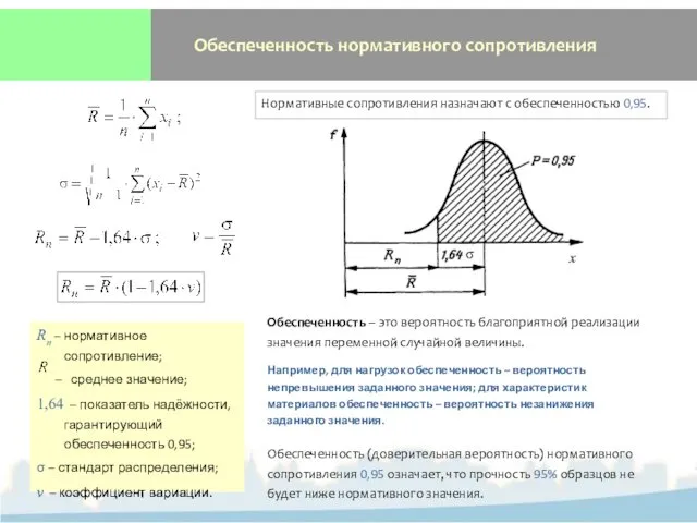 Обеспеченность нормативного сопротивления Обеспеченность – это вероятность благоприятной реализации значения переменной