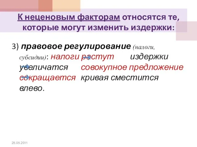 3) правовое регулирование (налоги, субсидии): налоги растут издержки увеличатся совокупное предложение