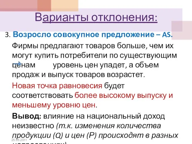 Варианты отклонения: 3. Возросло совокупное предложение – AS. Фирмы предлагают товаров