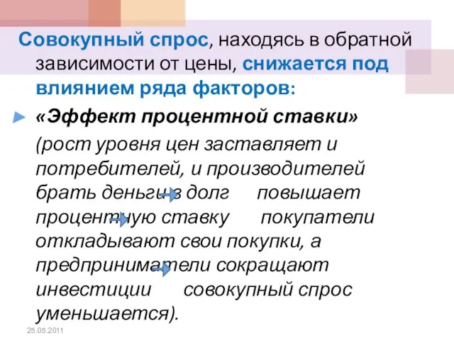 Совокупный спрос, находясь в обратной зависимости от цены, снижается под влиянием