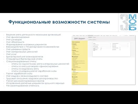 Функциональные возможности системы Ведение учета деятельности нескольких организаций Учет финансирования Учет
