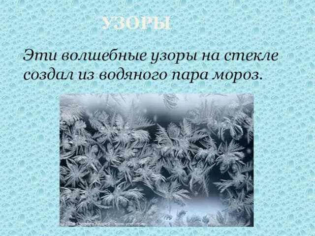 УЗОРЫ Эти волшебные узоры на стекле создал из водяного пара мороз.